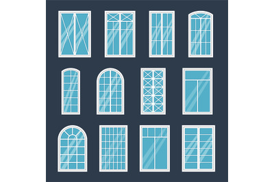 Window exterior. Various glass windows frame types, construction sashe