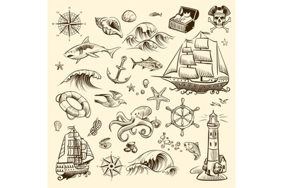 Pirate adventure set. Sea navigation engraved old fantasy objects, shi