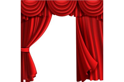 Curtain with drape stage. Theatre fabric red curtains with elegant dec