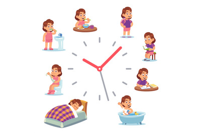 Daily clock for girl. Routine schedule of happy baby girls life from m