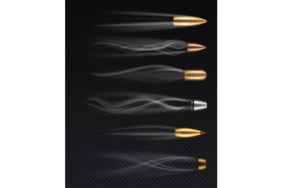 Flying bullets. Realistic different fired bullet in motion with smoke