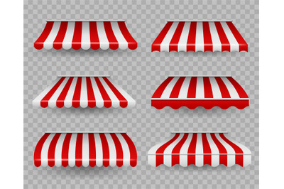 Awnings. Outdoor striped awning for cafe and shop windows of different