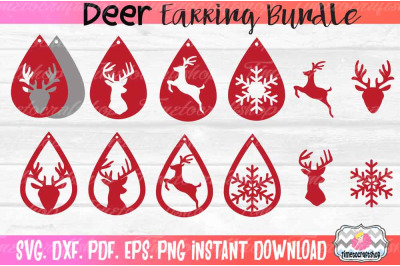 SVG, DXF, PDF, PNG, and EPS Deer Earring Template Bundle, Stacked Rein