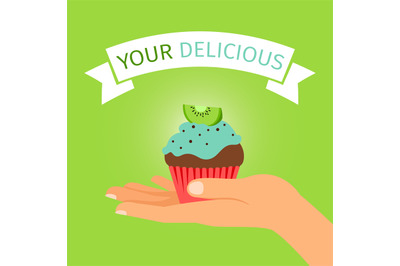 Hand holding kiwi cupcake gift