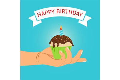 Hand holding cupcake Birthday illustration