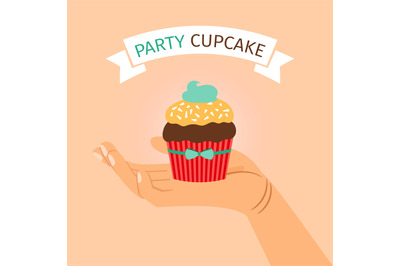 Party banner with hand holding cupcake