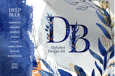 Deep Blue Alphabet Watercolor Design Kit