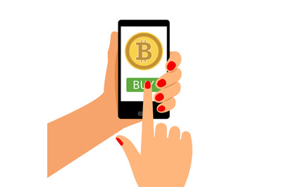 Woman holding smartphone with Bitcoin