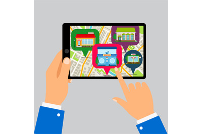 Hands holding tablet with restaurants map