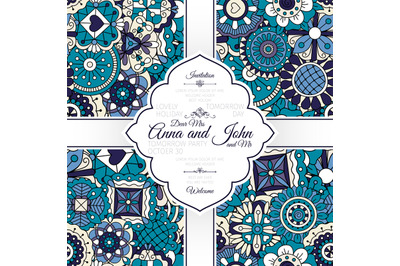 Invitation card with blue doodle pattern