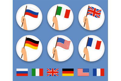 Hands holding different countries flags set