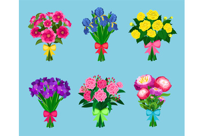 Flowering bouquets Set isolated on blue background. Bunch of flowers w