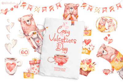 Cozy Valentines Day.  Lovely bears watercolor collection