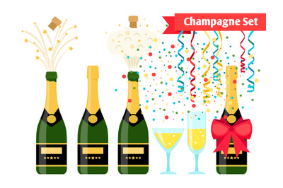 Champagnes party elements. Champagne bottle and glasses with sparkling