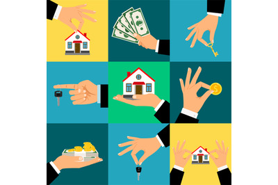 Buy House Hands vector illustration. Hand holds home or house key and