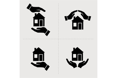 Save House icons. Houses in hands. Home repair and maintenance, insura