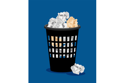 Garbage bin and crumpled paper vector illustration