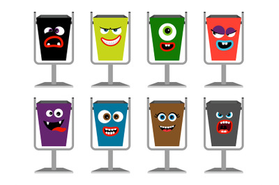 Garbage cans with faces vector illustration. Waste dustbin set with em