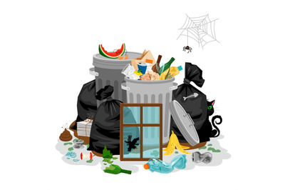 Pile of garbage isolated in white. Littering waste concept with with o