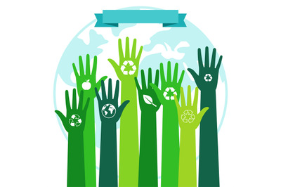 Save world ecology environmental concept. Green hands and blue Planet