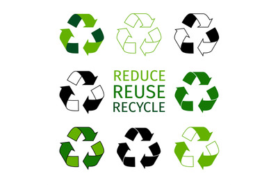 Reduce reuse recycle logotype set. Green arrows recycle eco symbols