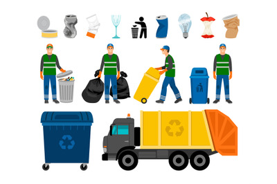 Scavengery, trash and garbage colored icons. Trash truck and garbage c