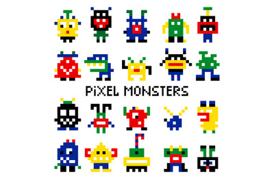 Colored pixelated retro space monsters