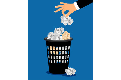 Businessman hand put paper in trash