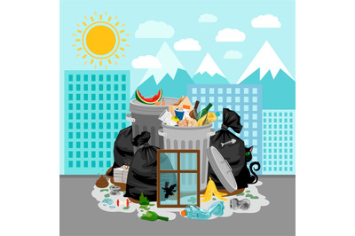 Garbage dump on urban landscape background