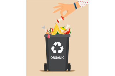 Woman hand throws organic garbage