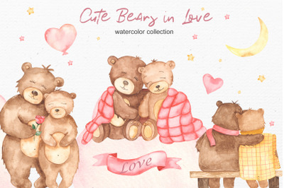 Cute bears in love Watercolor collection clipart