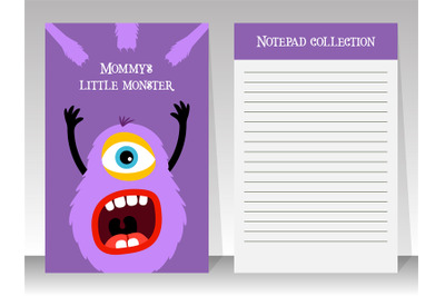 Notebook template with cartoon fluffy monster