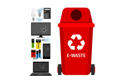 Red garbage can with e-waste elements