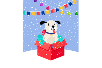 Cute snow puppy in gift box