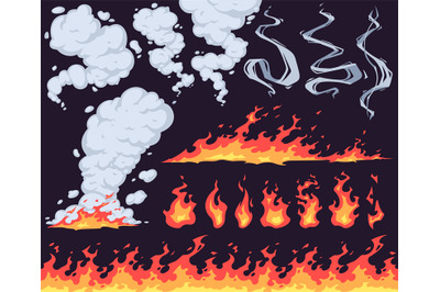 Cartoon fire and smoke. Bright fire flame&2C; red fiery flames and smoke