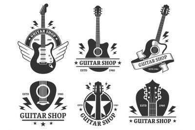 Guitar shop badges. Custom guitars shop emblem, guitar headstock and m