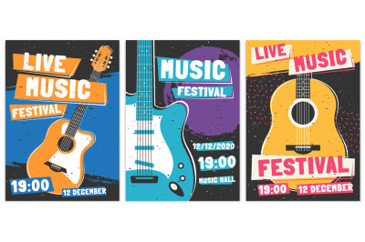 Music festival posters. Live acoustic guitar music concert poster, roc