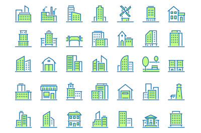 Color line building icons. Green town icon, city buildings and real es