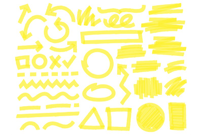 Highlight marker strokes. Yellow checkmark marks, text highlighter lin