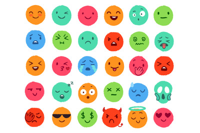 Hand drawn color emoji. Colorful doodle faces&2C; happy emoticon and smil