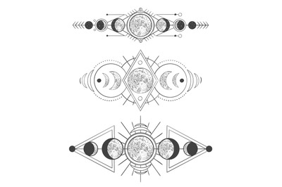 Moons phases in mystic sky. Mother moon, hand drawn pagan tattoo or sk