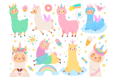 Cartoon llama unicorn. Happy magic color llamas unicorns, fluffy pink