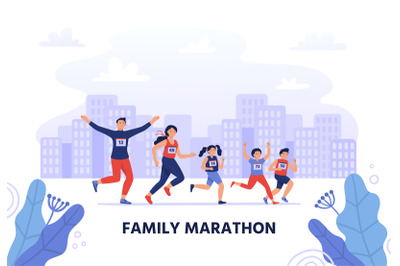 Family marathon. Happy parents run together with kids. Healthy lifesty