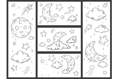 Sketch night sky with moon. Hand drawn moon&2C; night stars and doodle dr