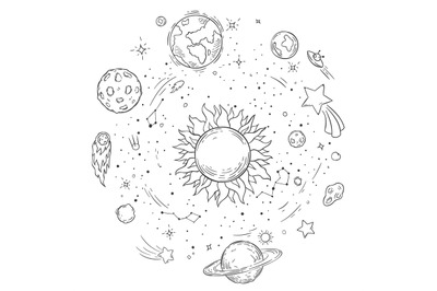 Doodle solar system. Hand drawn sun, cosmic comet and planet earth vec