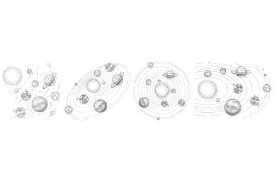 Sketch solar system. Hand drawn planets orbits, planetary and earth or