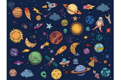 Color space doodle. Astrology planets&2C; colorful space and hand drawn r