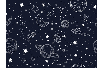 Seamless night sky stars pattern. Sketch moon, space planets and hand