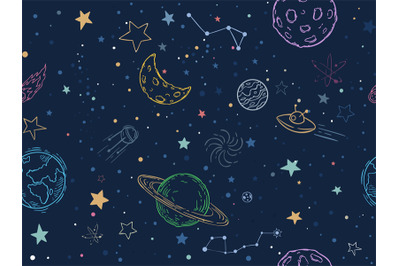 Color seamless space pattern. Hand drawn planets, cosmic galaxy textur