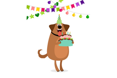 Cartoon dog and cake birthday card